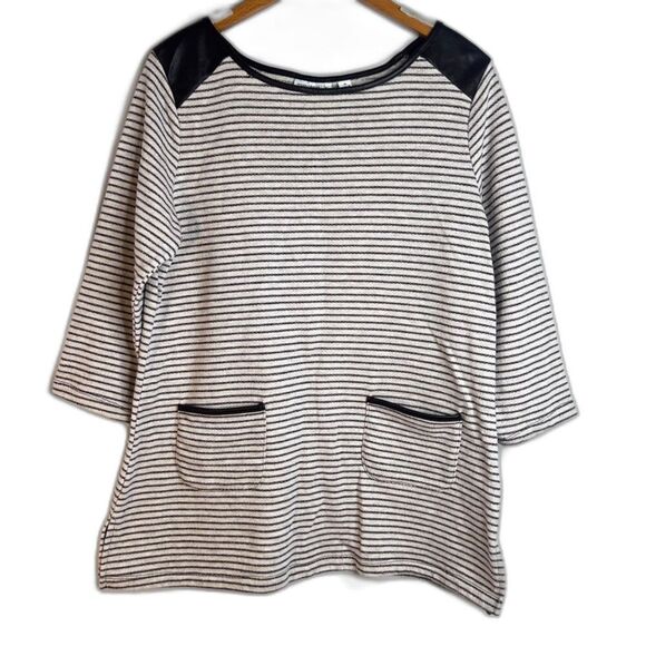 Susan Graver White Brown Striped Faux Leather Accent Tunic Blouse Size Medium - Picture 1 of 9